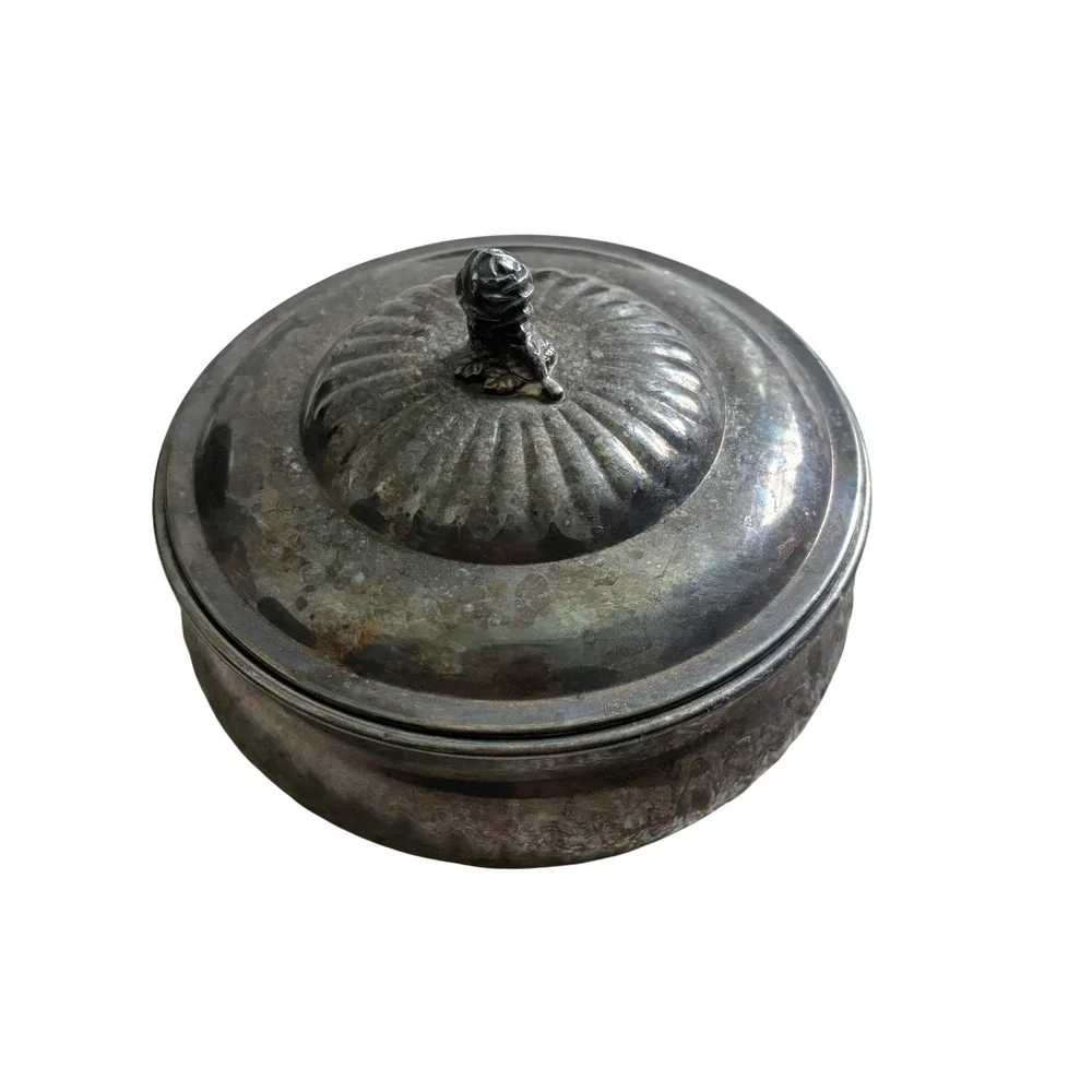 Wallace Silverplate Rose Finial Round Trinket Box Vintage‎ 9330 Gadroon Edge USA